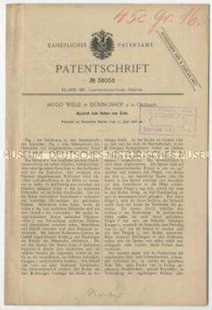 Patentschrift eines Apparates zum Heben von Erde, Patent-Nr. 38058