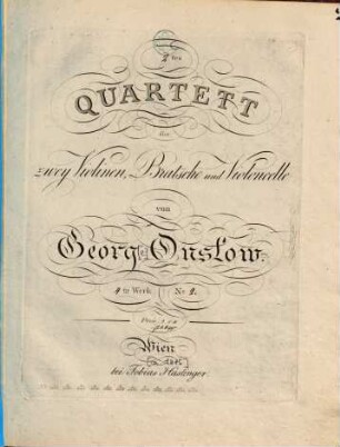 1.tes (2.tes-, 3.tes-) Quartett : für 2 Violinen, Bratsche u. Violoncelle ; 4. W.,1 (2. 3), 2. Vl 1 (9 S.) Vl 2 Va Vc (je 7). - Pl.-Nr. S:u:C. 2484