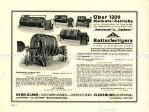 Über 1200 Molkerei-Betriebe im In- u. Auslande arbeiten seit Jahren zur vollsten Zufriedenheit mit unseren bestbewährten "Nordmark" u. "Optimus" Butterfertigern