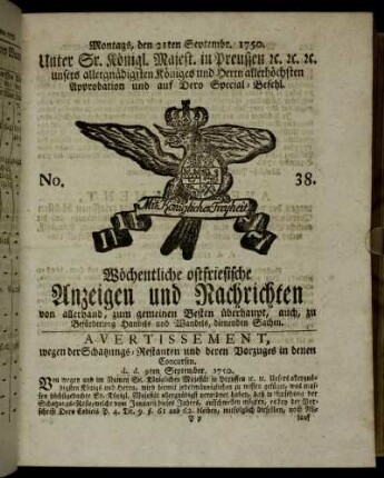 No. 38. Montags, den 21ten Septembr. 1750.