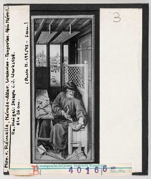 Meister von Flémalle: Mérode-Altar. Joseph in der Werkstatt, Mausefalle auf dem Fensterbrett