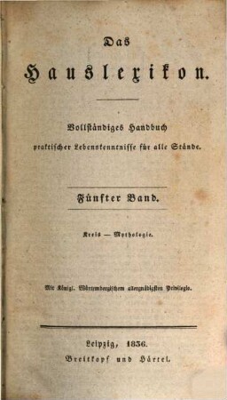 Das Hauslexikon : vollständiges Handbuch praktischer Lebenskenntnisse für alle Stände, 5. Kreis - Mythologie