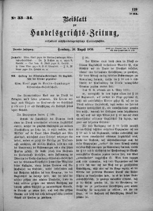 Beiblatt zur hamburgischen Handelsgerichts-Zeitung No. 33-34. Neunter Jahrgang. Hamburg, 26. August 1876.
