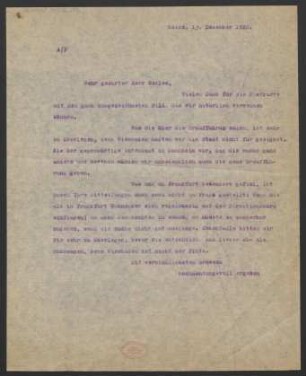 Brief an Bernhard Sekles : 13.12.1920