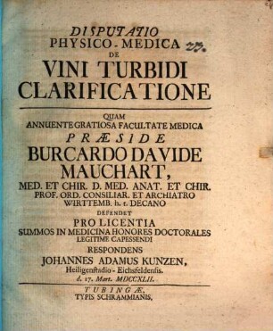 Disputatio physico-medica de vini turbidi clarificatione