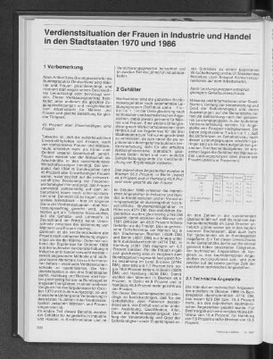Verdienstsituation der Frauen in Industrie und Handel in den Stadtstaaten 1970 und 1986
