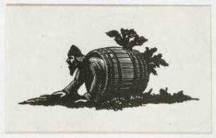 Mann in einer Tonne. Holzstich; 2,1 x 4,6 cm von Pawel AlexandrowitschSchillingowski. Illustration zu, Das russische Märchen, Zweiter Band. Academia 1931