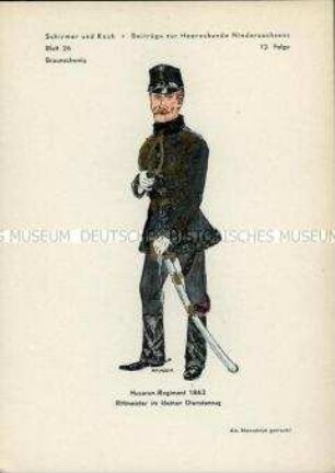 Uniformdarstellung, Rittmeister des Husaren-Regiments, Herzogtum Braunschweig, 1863.