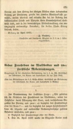 Ueber Fruchtbau im Waldboden und über forstliche Nebennutzungen.