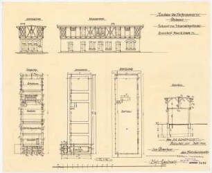 Kranken- und Siechenhaus, Brüssow Gültiger Ausführungsentwurf. Wirtschaftsgebäude: Giebel und Vorderansicht 1:100, Grundriss 1:100, Schnitt 1:100