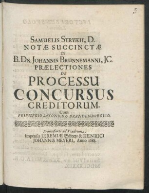 Samuelis Strykii, D. Notae Succinctae In B. Dn. Johannis Brunnemanni, IC. Praelectiones De Processu Concursus Creditorum