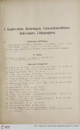 I. Kupferstiche, Radirungen, Schwarzkunstblätter, Holzschnitte, Lithographien (Nr. 1-1996)