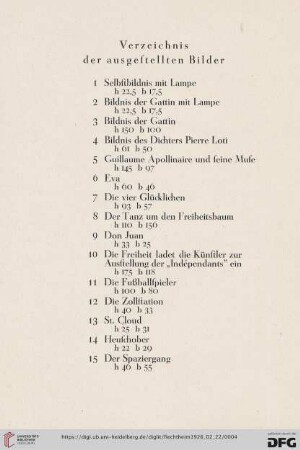 Verzeichnis der ausgestellten Bilder (Nr.1-32)