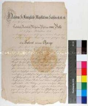 Sächsisches Patent für den Hauptmann des 2. Jägerbataillons No. 13 Ludolph Rudolph Wilhelm Philipp von Bosse