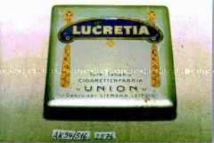 Blechdose für 20 Stück Zigaretten "LUCRETIA Türk. Tabak- u CIGARETTENFABRIK UNION Gebrüder LIEMANN, LEIPZIG"
