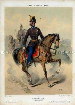 Uniformdarstellung, Oberleutnant des Militär-Fuhrwesens zu Pferd, Österreich, 1848/1854. Tafel 145 aus: Gerasch: Das Oesterreichische Heer.