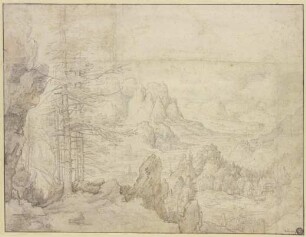 Gebirgslandschaft mit einem Tal, in Mittelgrund ein Bergschloss, links hohe Tannen