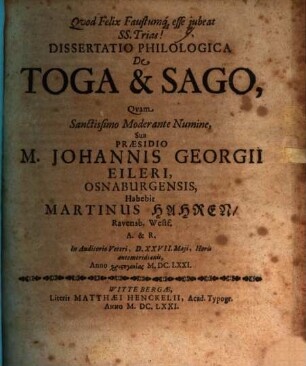 Diss. philol. de toga et sago