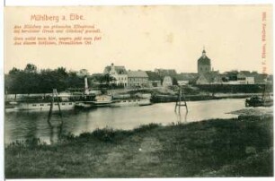 Mühlberg. Stadtansicht, Elbe mit Dampfer Bodenbach