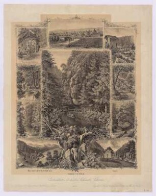 Gedenkblatt für die hintere Sächsische Schweiz, Lithographie, 1884 : Gedenkblatt a. die hintere Sächsische Schweiz / Aufnahme n. d. N., Lithogr. u. Druck v. Paul Herrmann. [Hrsg.:] Vaterländischer Gebirgsverein Saxonia. - deponirt