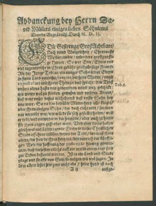 Abdanckung bey Herrn David Müllers einigen lieben Söhnleins Davids Begräbnüß. Durch M. D. H.