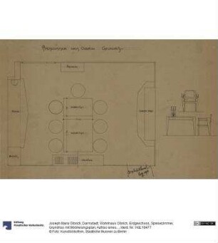Darmstadt, Wohnhaus Olbrich, Erdgeschoss, Speisezimmer, Grundriss mit Möblierungsplan, Aufriss eines Tisches sowie Aufriss und Seitenansicht eines Sessels
