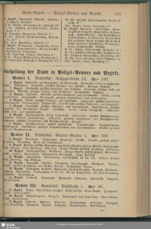Eintheilung der Stadt in Polizei-Reviere und Bezirke