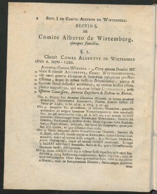 Sectio I. De Comite Alberto de Wirtemberg, ejusque familia