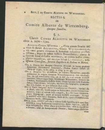 Sectio I. De Comite Alberto de Wirtemberg, ejusque familia