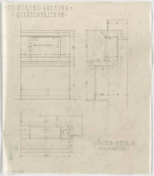 Fischer, Theodor; Gauting / Starnberg (Bayern); Ev. Christuskirche - Geräteschrein (Grundriss, Ansicht, Schnitt)