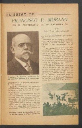 El sueño de Francisco P. Moreno (en el centenario de su nacimiento