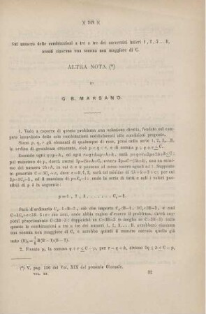 Sul numero delle combinanzioni a tre a tre dei successivi intieri 1, 2, 3 ... B, aventi ciascuna una somma non maggiore di C.