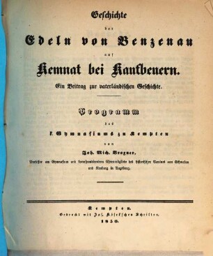 Geschichte der Edeln von Benzenau auf Kemnat bei Kaufbeuern : ein Beitrag zur vaterländischen Geschichte