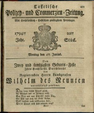 22tes Stueck, Montag den 2ten Junius 1794
