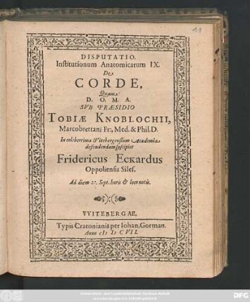 Disputatio Institutionum Anatomicarum IX. De Corde
