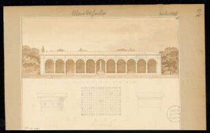 Markthalle Monatskonkurrenz Januar 1829: Grundriss, Aufriss, Säulen- und Pilasterkapitell; 2 Maßstabsleisten