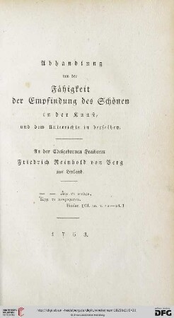 Abhandlung von der Fähigkeit der Empfindung des Schönen in der Kunst und dem Unterrichte in derselben