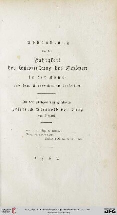 Abhandlung von der Fähigkeit der Empfindung des Schönen in der Kunst und dem Unterrichte in derselben