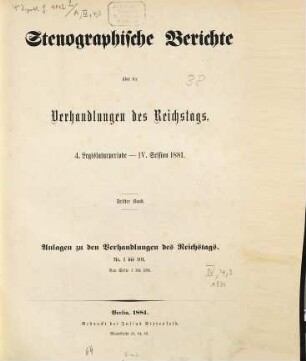 Verhandlungen des Reichstages. Stenographische Berichte. 64. 1881