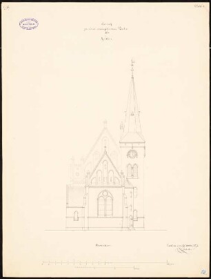 Evangelische Kirche, Modlau Wiederaufbau. 1. Projekt: Aufriss Chorseite 1:60, Maßstabsleisten (Meter und Fuß)