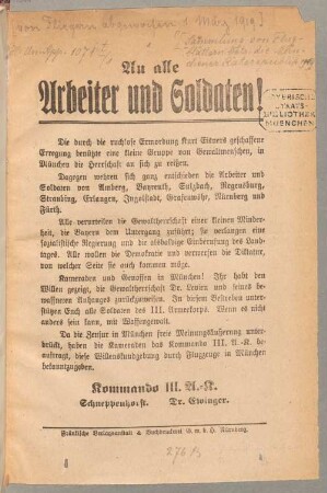 [Sammlung von Flugblättern betreffend die Münchener Räterepublik 1919] : [Drucksachen in Oktav]