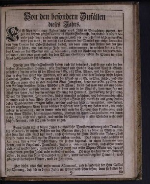 Von den besondern Zufällen dieses Jahrs.