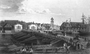 Libau, Hafenansicht mit Holzbrücke