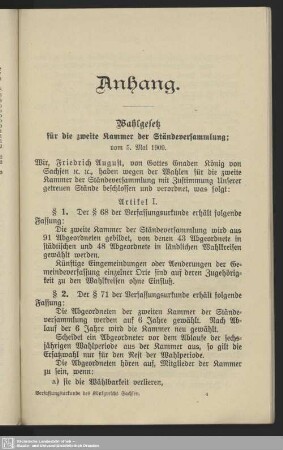 Wahlgesetz für die zweite Kammer der Ständeversammlung; vom 5. Mai 1909