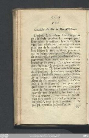 VIII. Caractére de Mr. le Duc d'Orleans.