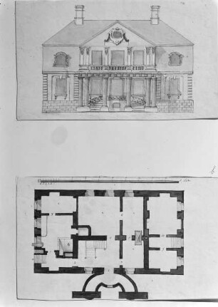 Fassadenzeichnung und Grundriss eines Herrenhauses in Heringshof