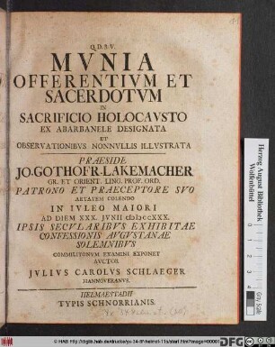 Mvnia Offerentivm Et Sacerdotvm In Sacrificio Holocavsto Ex Abarbanele Designata Et Observationibvs Nonnvllis Illvstrata