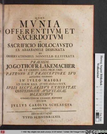 Mvnia Offerentivm Et Sacerdotvm In Sacrificio Holocavsto Ex Abarbanele Designata Et Observationibvs Nonnvllis Illvstrata