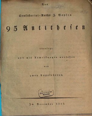 Des Consistorial-Raths J. Boysen 95 Antithesen