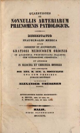 Quaestiones de nonnullis arteriarum phaenomenis pathologicis